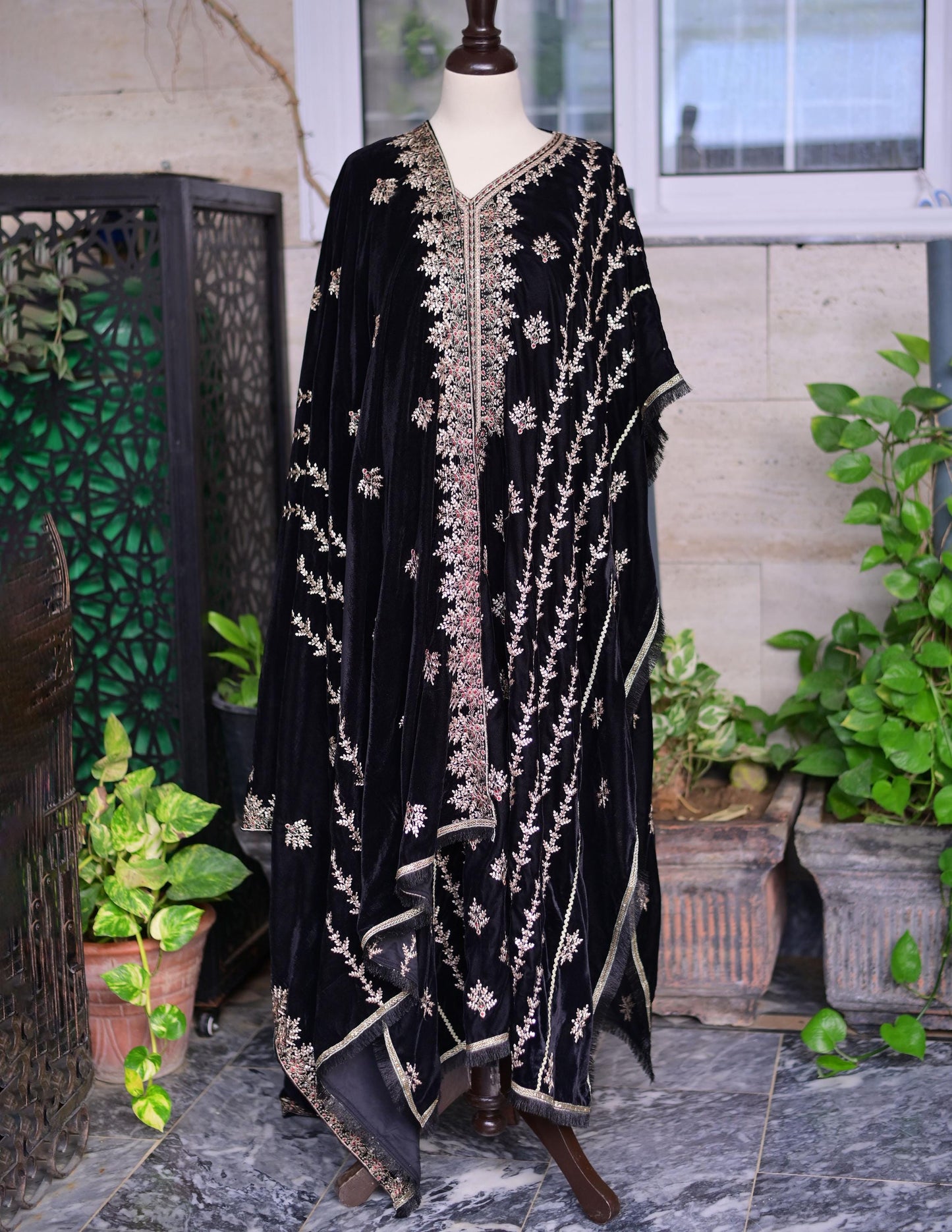 Black and golden Embroidered Velvet Kaftan (3pc) formal fancy wedding /party wear.