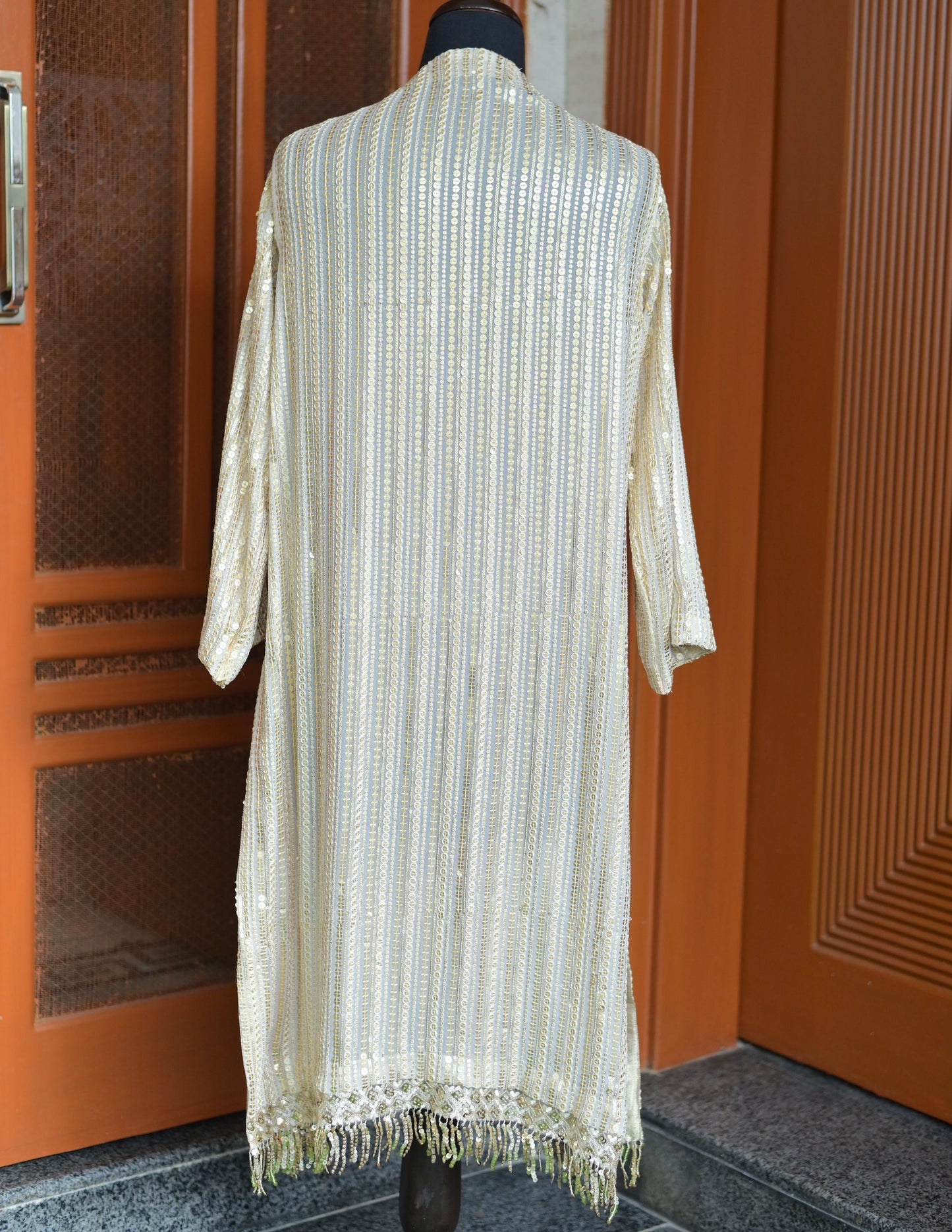 Golden sequin work casual/formal Pakistani / Indian style open gown for wedding events and parties.