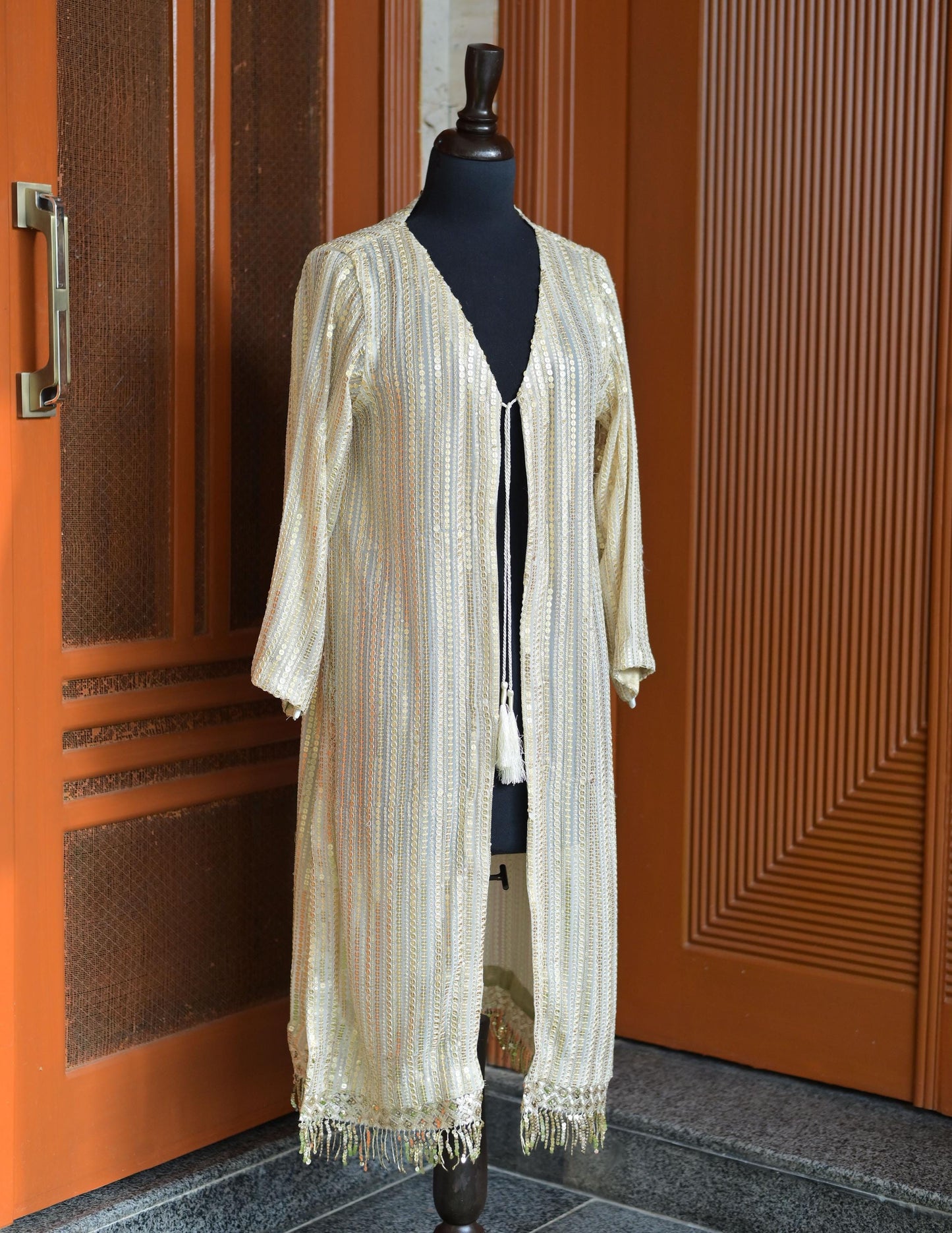Golden sequin work casual/formal Pakistani / Indian style open gown for wedding events and parties.