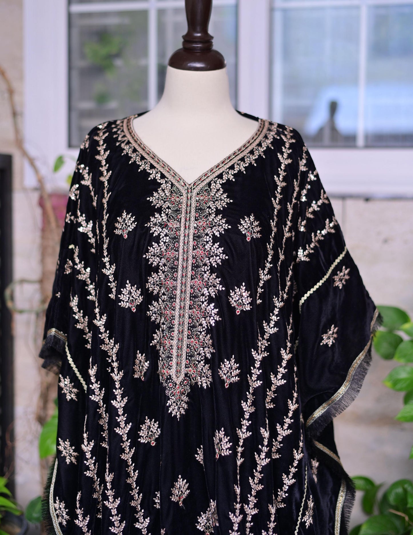 Black and golden Embroidered Velvet Kaftan (3pc) formal fancy wedding /party wear.