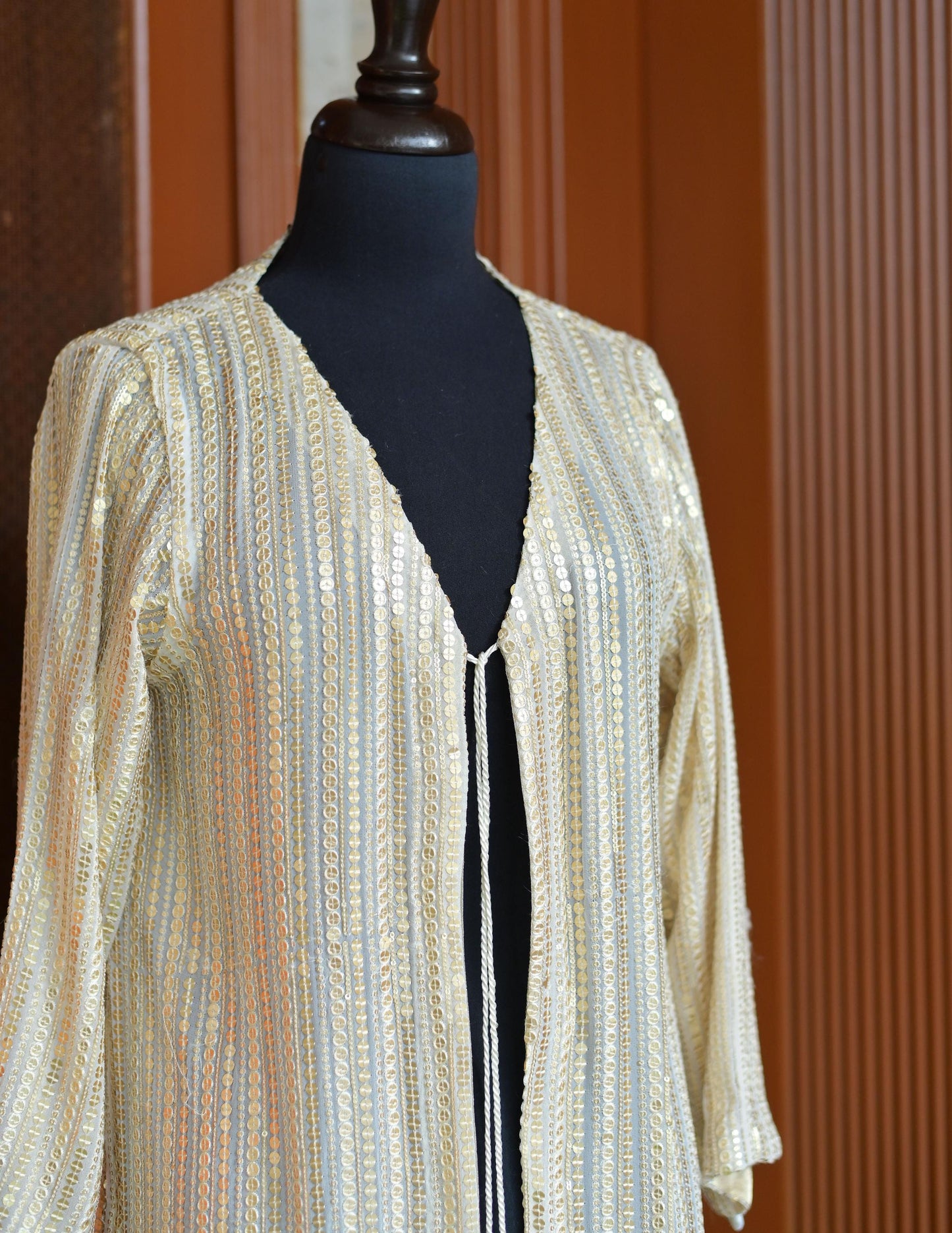 Golden sequin work casual/formal Pakistani / Indian style open gown for wedding events and parties.
