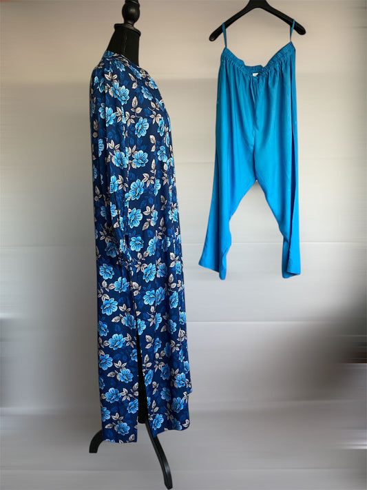 BLUE LONG FLORAL DRESS WITH TROUSER BOTTOMS