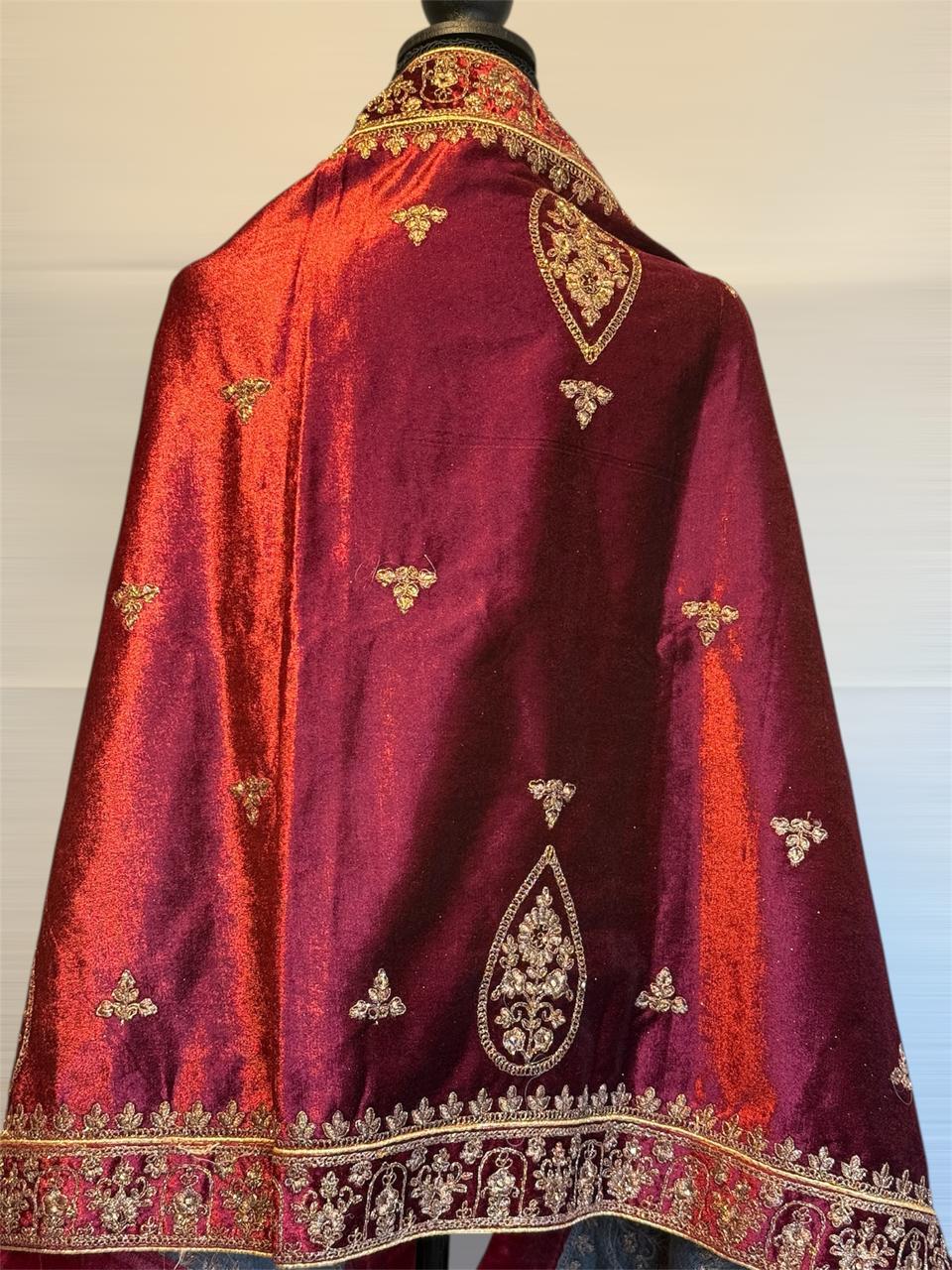 MAROON VELVET SHAWL WITH GOLDEN ACCENTS