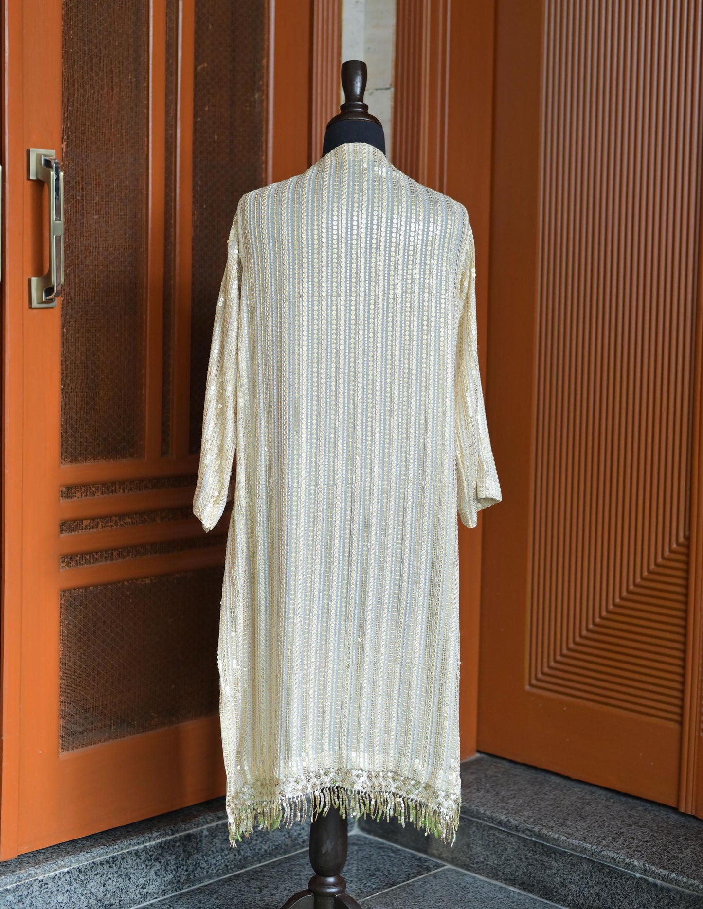 Golden sequin work casual/formal Pakistani / Indian style open gown for wedding events and parties.