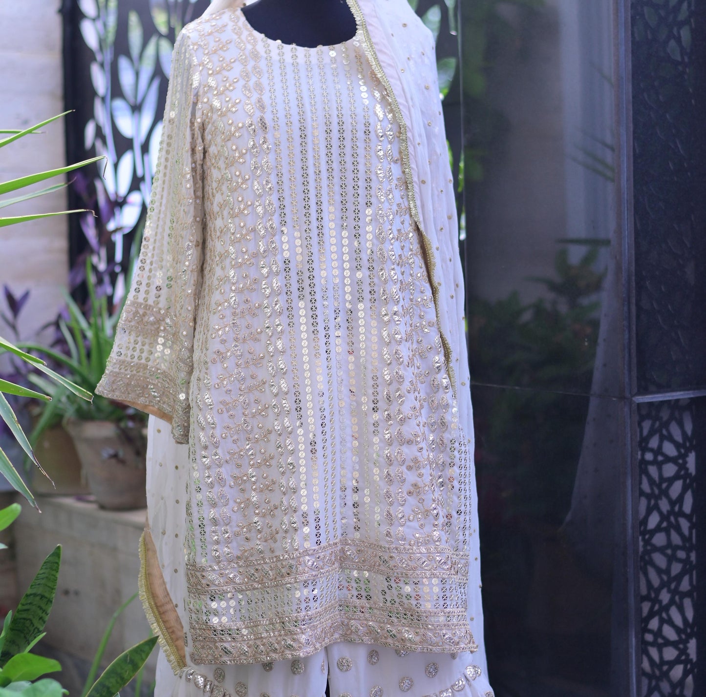 White 3 piece traditional indian/pakistani suit with wide garara pants for party/ wedding fancy formal wear