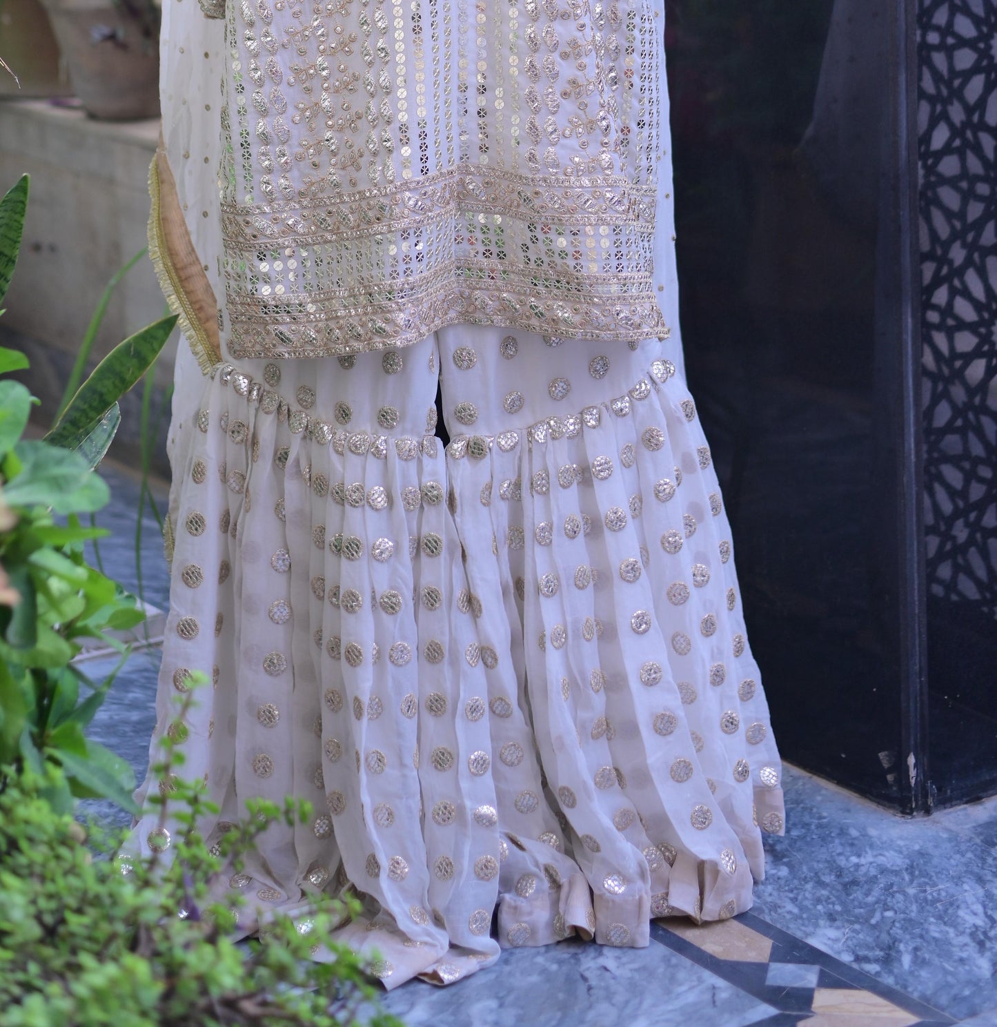 White 3 piece traditional indian/pakistani suit with wide garara pants for party/ wedding fancy formal wear