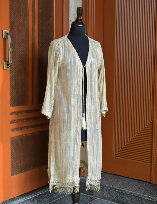 Golden sequin work casual/formal Pakistani / Indian style open gown for wedding events and parties.