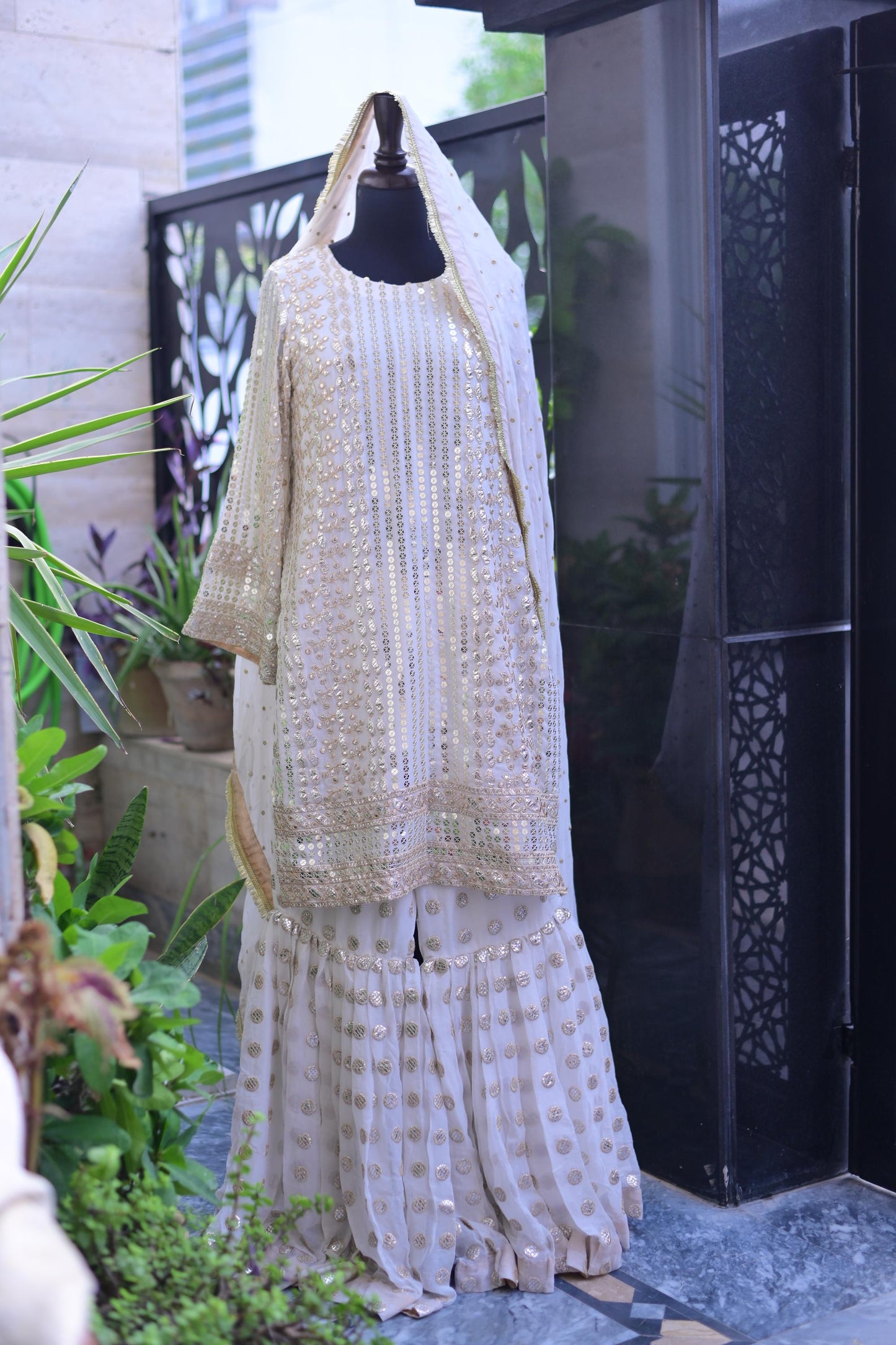 White 3 piece traditional indian/pakistani suit with wide garara pants for party/ wedding fancy formal wear