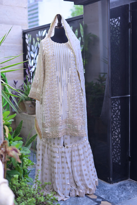 White 3 piece traditional indian/pakistani suit with wide garara pants for party/ wedding fancy formal wear