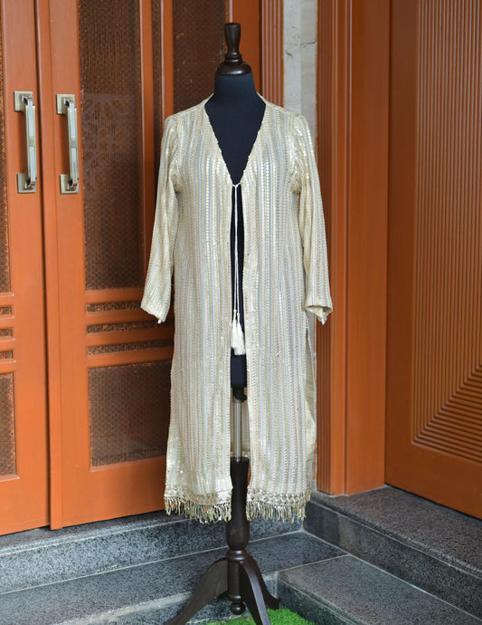 Golden sequin work casual/formal Pakistani / Indian style open gown for wedding events and parties.
