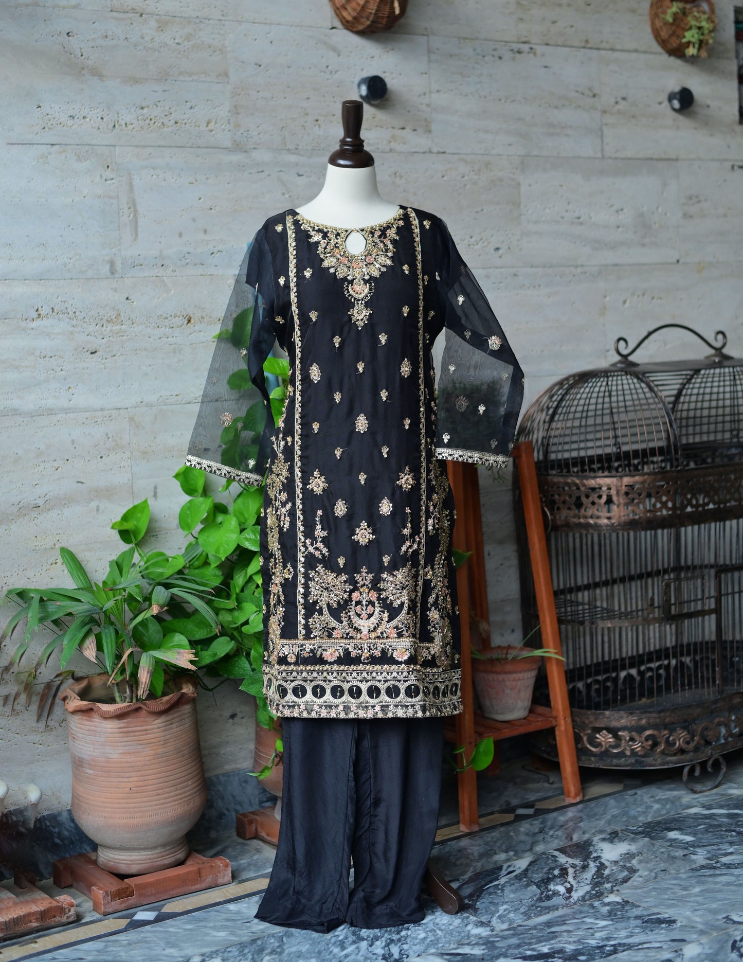 3 PC STITCHED EMBROIDERED ORGANZA SUIT