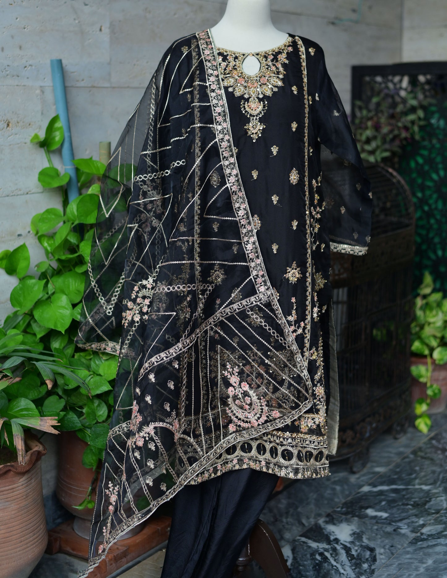 3 PC STITCHED EMBROIDERED ORGANZA SUIT