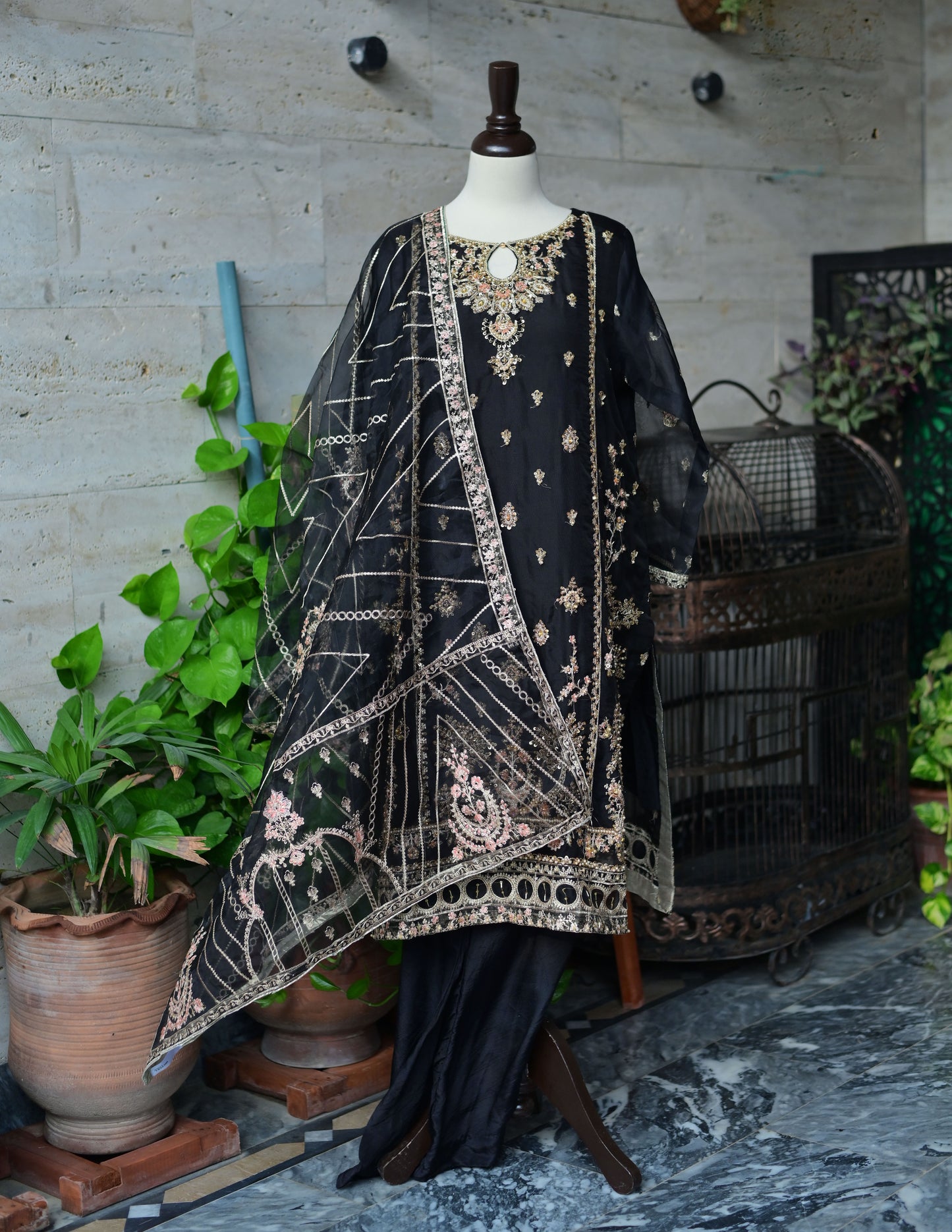 3 PC STITCHED EMBROIDERED ORGANZA SUIT