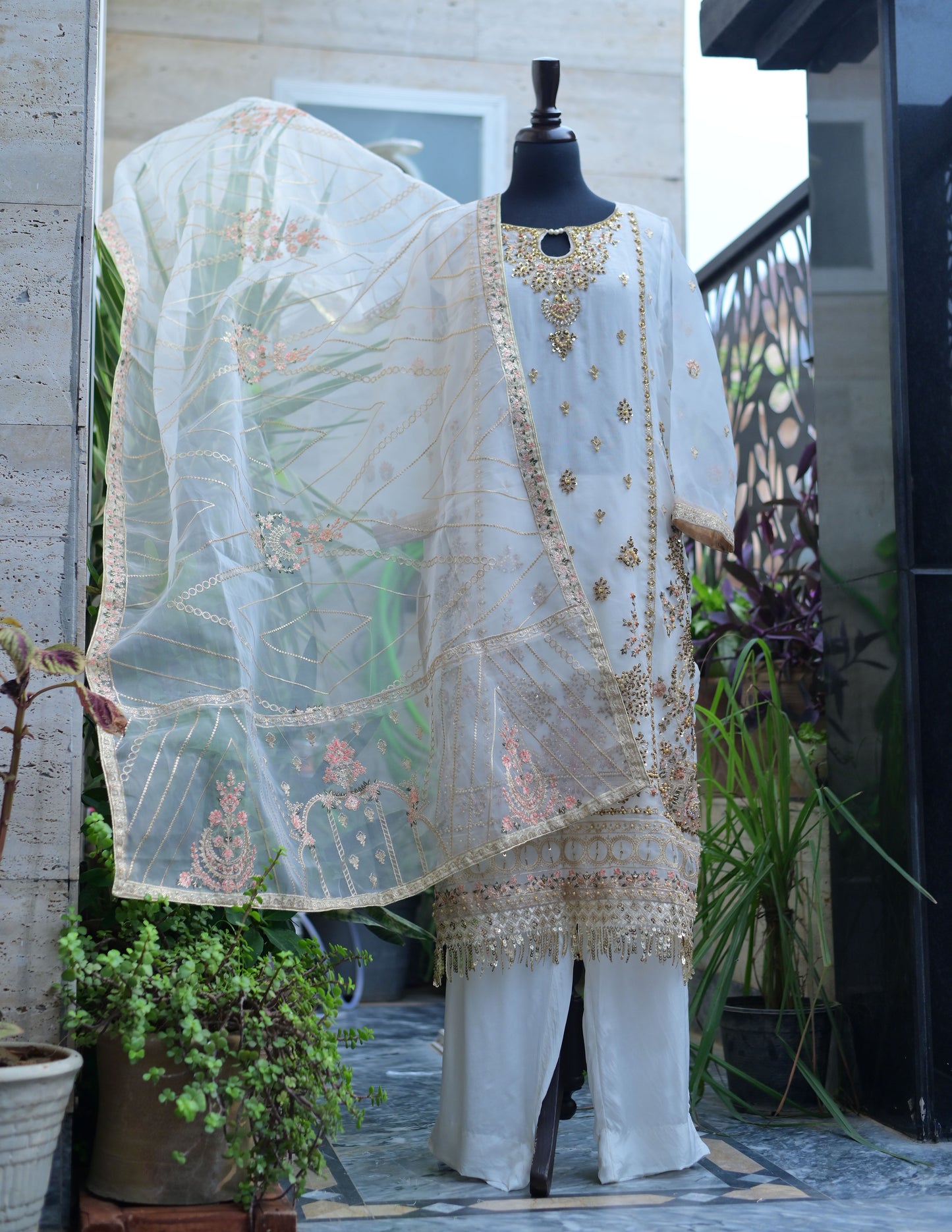 3 PC STITCHED EMBROIDERED ORGANZA SUIT