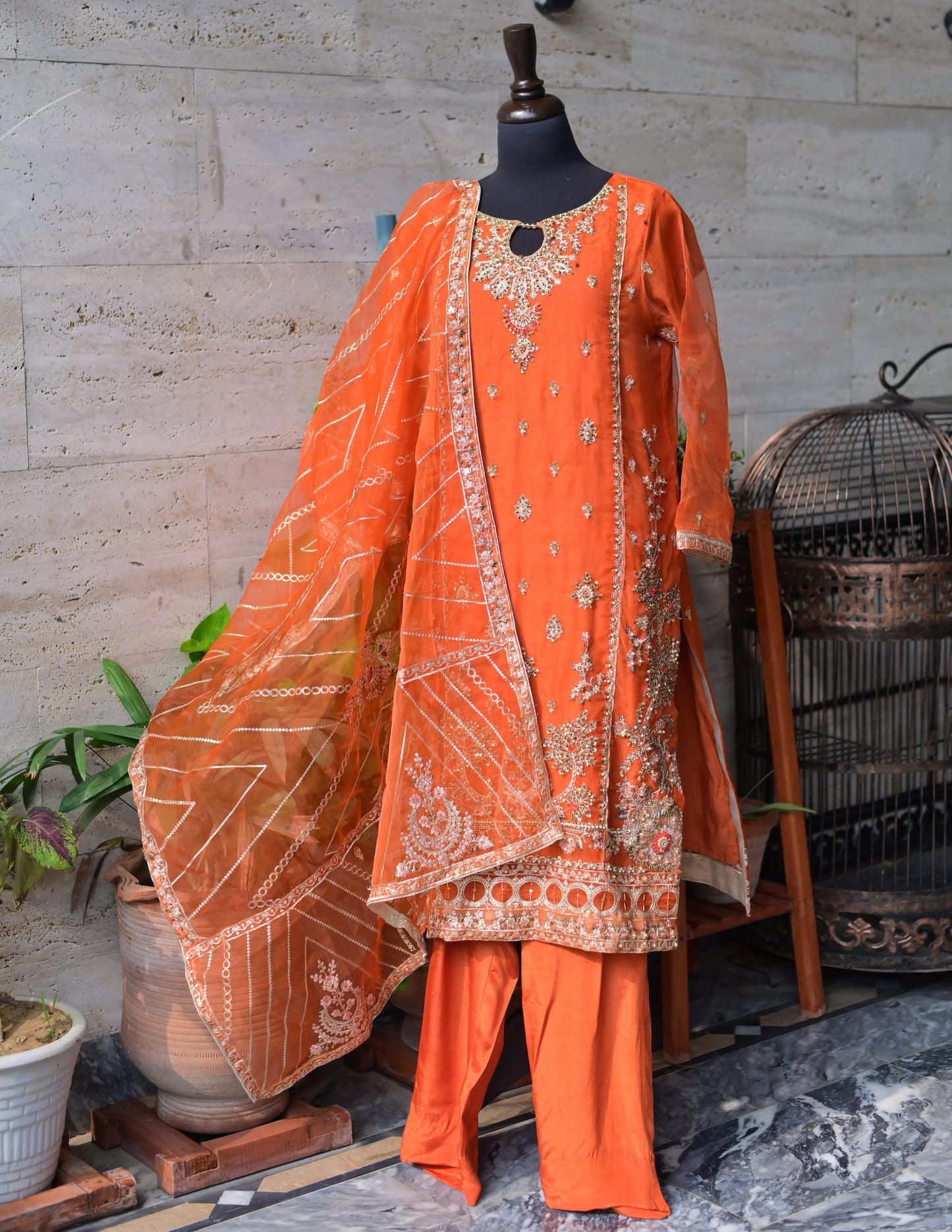 3 PC STITCHED EMBROIDERED ORGANZA SUIT