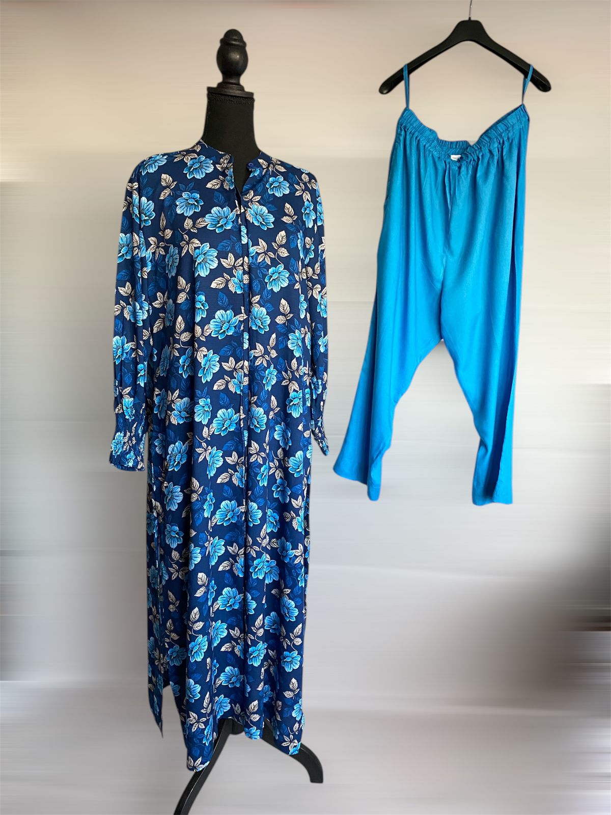 BLUE LONG FLORAL DRESS WITH TROUSER BOTTOMS