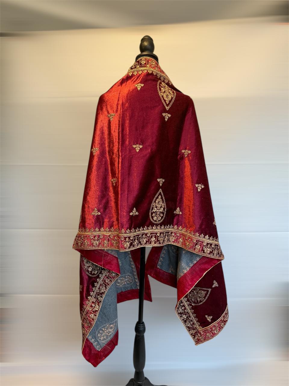 MAROON VELVET SHAWL WITH GOLDEN ACCENTS