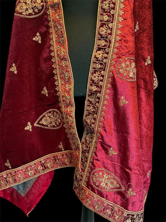 MAROON VELVET SHAWL WITH GOLDEN ACCENTS